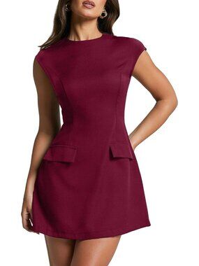Women's Burgundy Cap Sleeve Mock Neck Mini Dress A-Line Flare Short Dresses